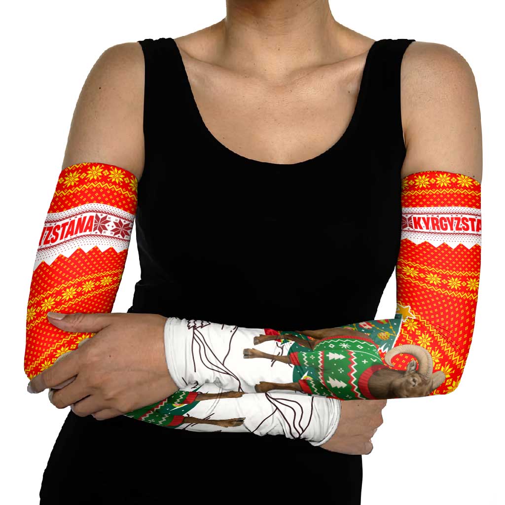 Kyrgyzstan Christmas Arm Sleeves with Mountain Goat in Festive Red Snowflake Pattern and Holiday Tree - Wonder Print Shop
