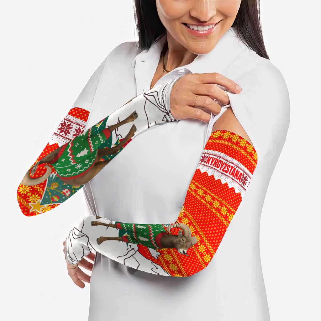 Kyrgyzstan Christmas Arm Sleeves with Mountain Goat in Festive Red Snowflake Pattern and Holiday Tree - Wonder Print Shop