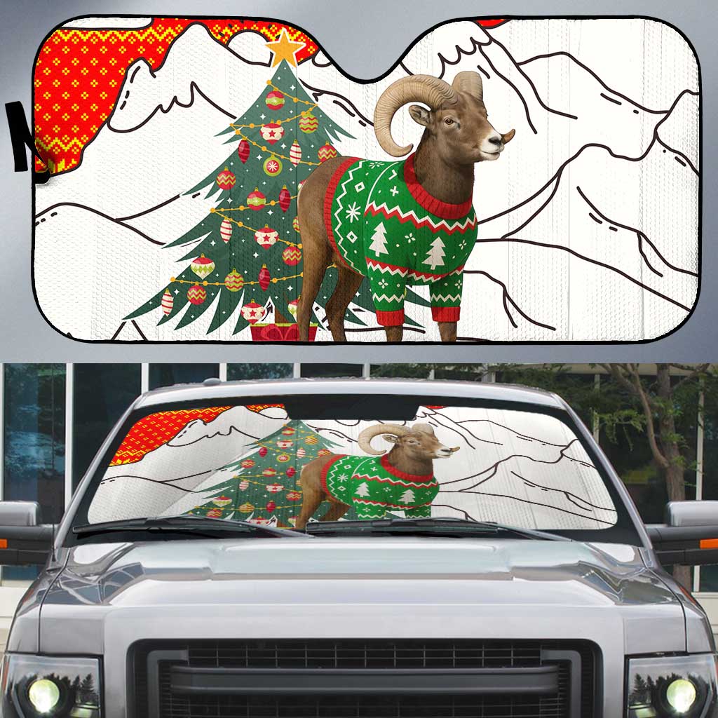 Kyrgyzstan Christmas Auto Sun Shade with Mountain Goat in Festive Red Snowflake Pattern and Holiday Tree - Wonder Print Shop