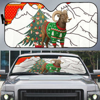 Kyrgyzstan Christmas Auto Sun Shade with Mountain Goat in Festive Red Snowflake Pattern and Holiday Tree - Wonder Print Shop