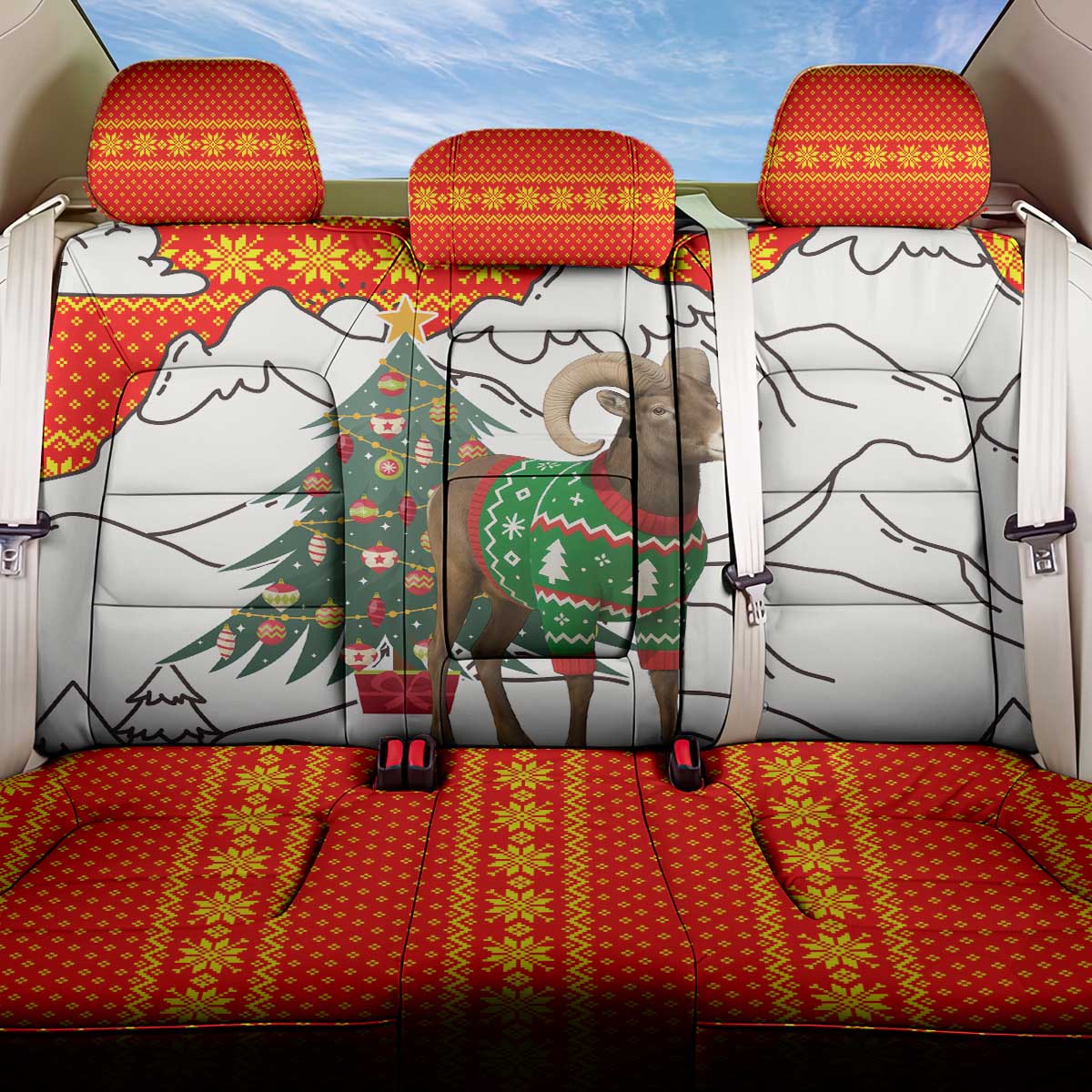 Kyrgyzstan Christmas Back Car Seat Cover with Mountain Goat in Festive Red Snowflake Pattern and Holiday Tree - Wonder Print Shop
