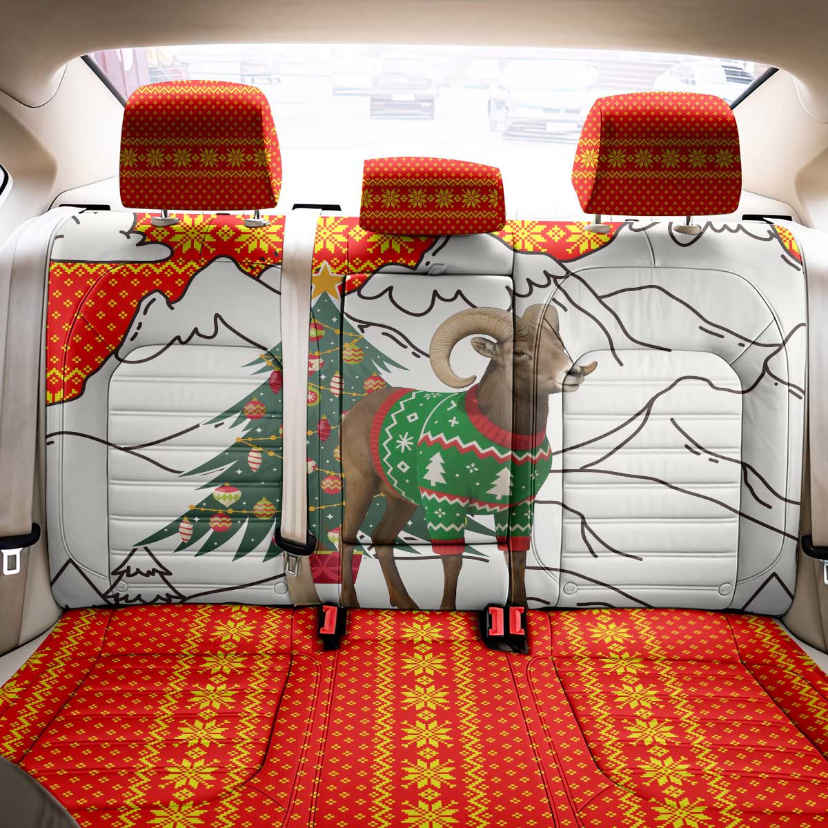 Kyrgyzstan Christmas Back Car Seat Cover with Mountain Goat in Festive Red Snowflake Pattern and Holiday Tree - Wonder Print Shop