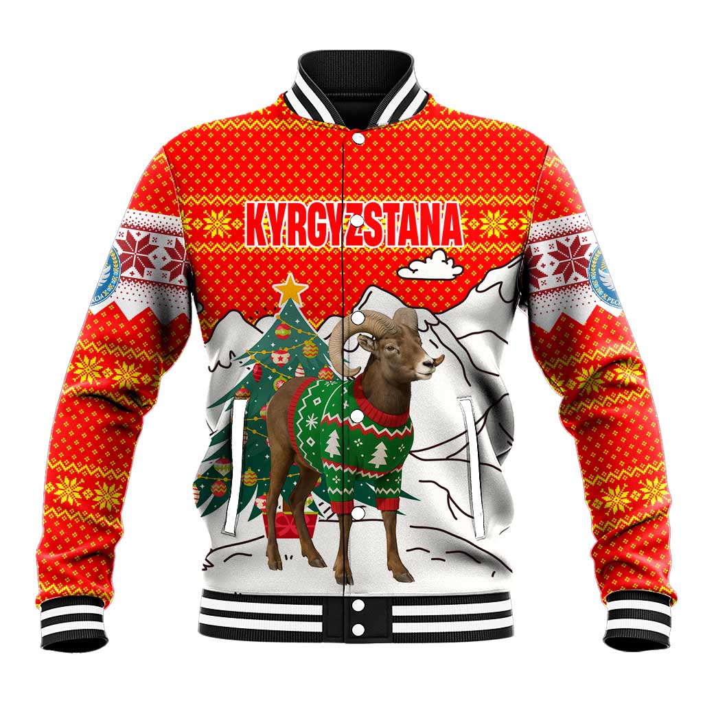 Kyrgyzstan Christmas Baseball Jacket with Mountain Goat in Festive Red Snowflake Pattern and Holiday Tree - Wonder Print Shop
