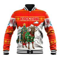 Kyrgyzstan Christmas Baseball Jacket with Mountain Goat in Festive Red Snowflake Pattern and Holiday Tree - Wonder Print Shop