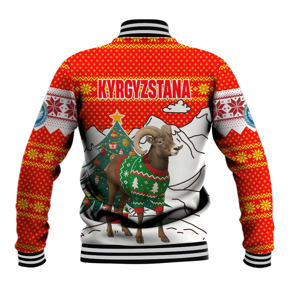 Kyrgyzstan Christmas Baseball Jacket with Mountain Goat in Festive Red Snowflake Pattern and Holiday Tree - Wonder Print Shop
