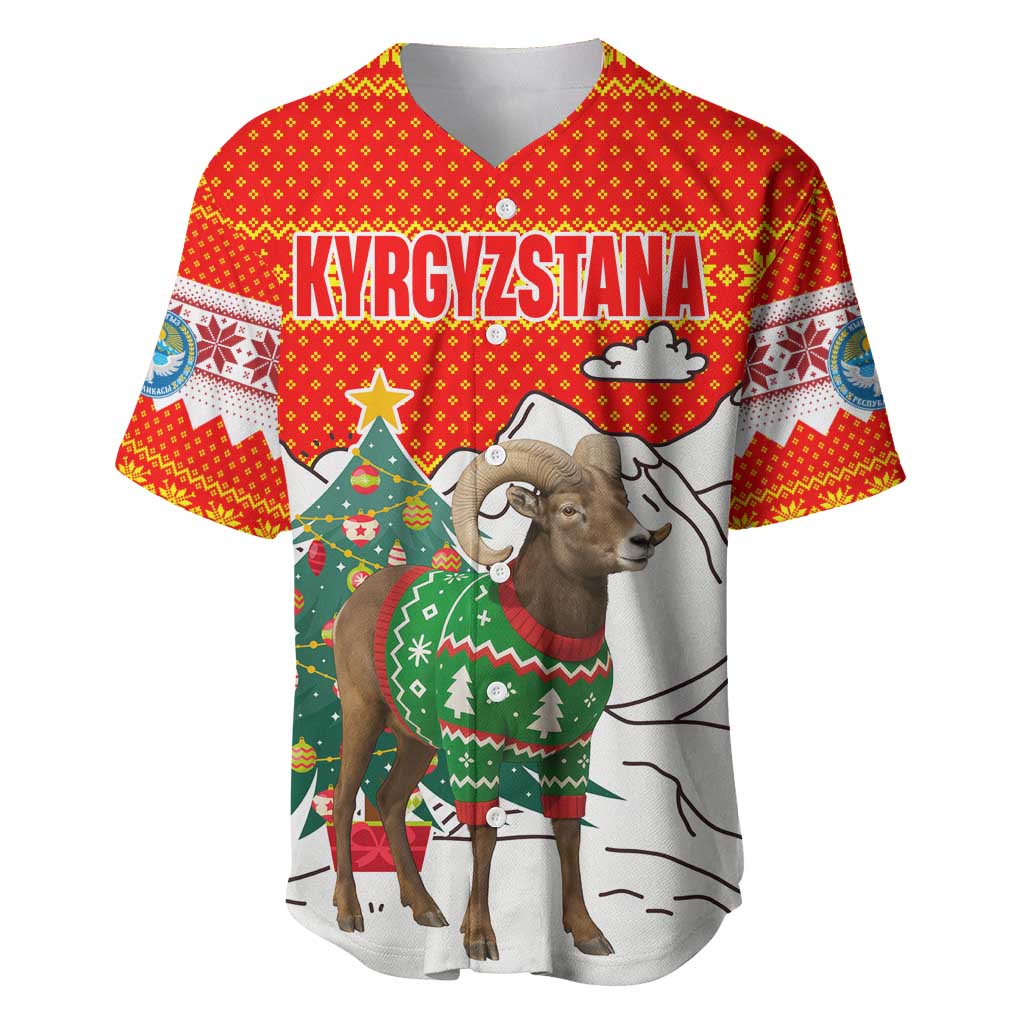 Kyrgyzstan Christmas Baseball Jersey with Mountain Goat in Festive Red Snowflake Pattern and Holiday Tree - Wonder Print Shop