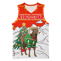 Kyrgyzstan Christmas Basketball Jersey with Mountain Goat in Festive Red Snowflake Pattern and Holiday Tree - Wonder Print Shop