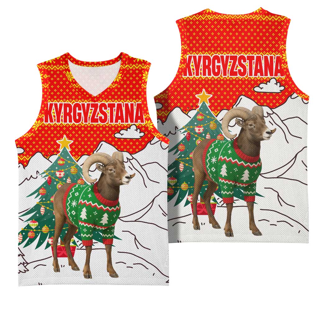 Kyrgyzstan Christmas Basketball Jersey with Mountain Goat in Festive Red Snowflake Pattern and Holiday Tree - Wonder Print Shop