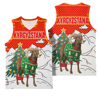 Kyrgyzstan Christmas Basketball Jersey with Mountain Goat in Festive Red Snowflake Pattern and Holiday Tree - Wonder Print Shop