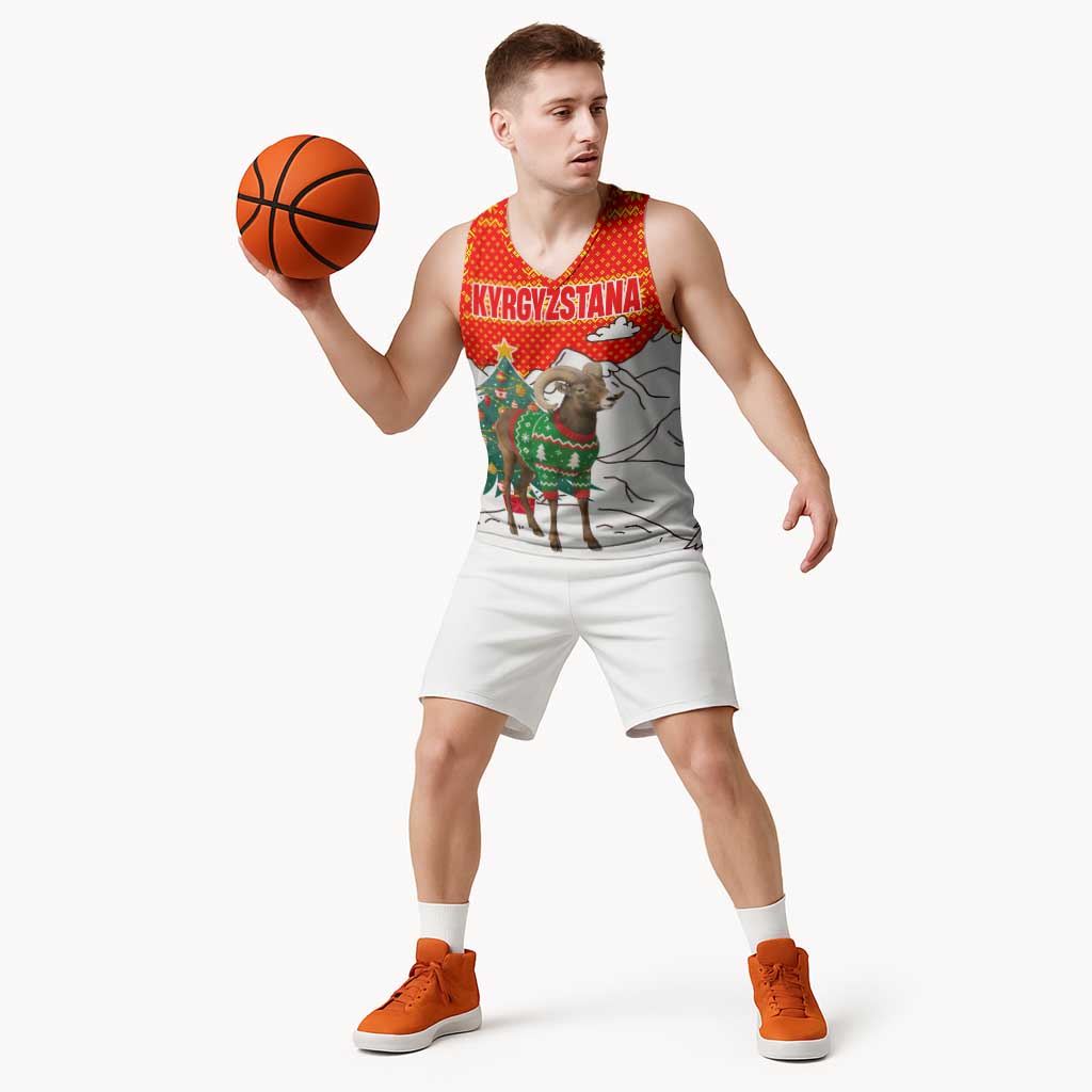 Kyrgyzstan Christmas Basketball Jersey with Mountain Goat in Festive Red Snowflake Pattern and Holiday Tree - Wonder Print Shop