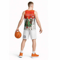 Kyrgyzstan Christmas Basketball Jersey with Mountain Goat in Festive Red Snowflake Pattern and Holiday Tree - Wonder Print Shop