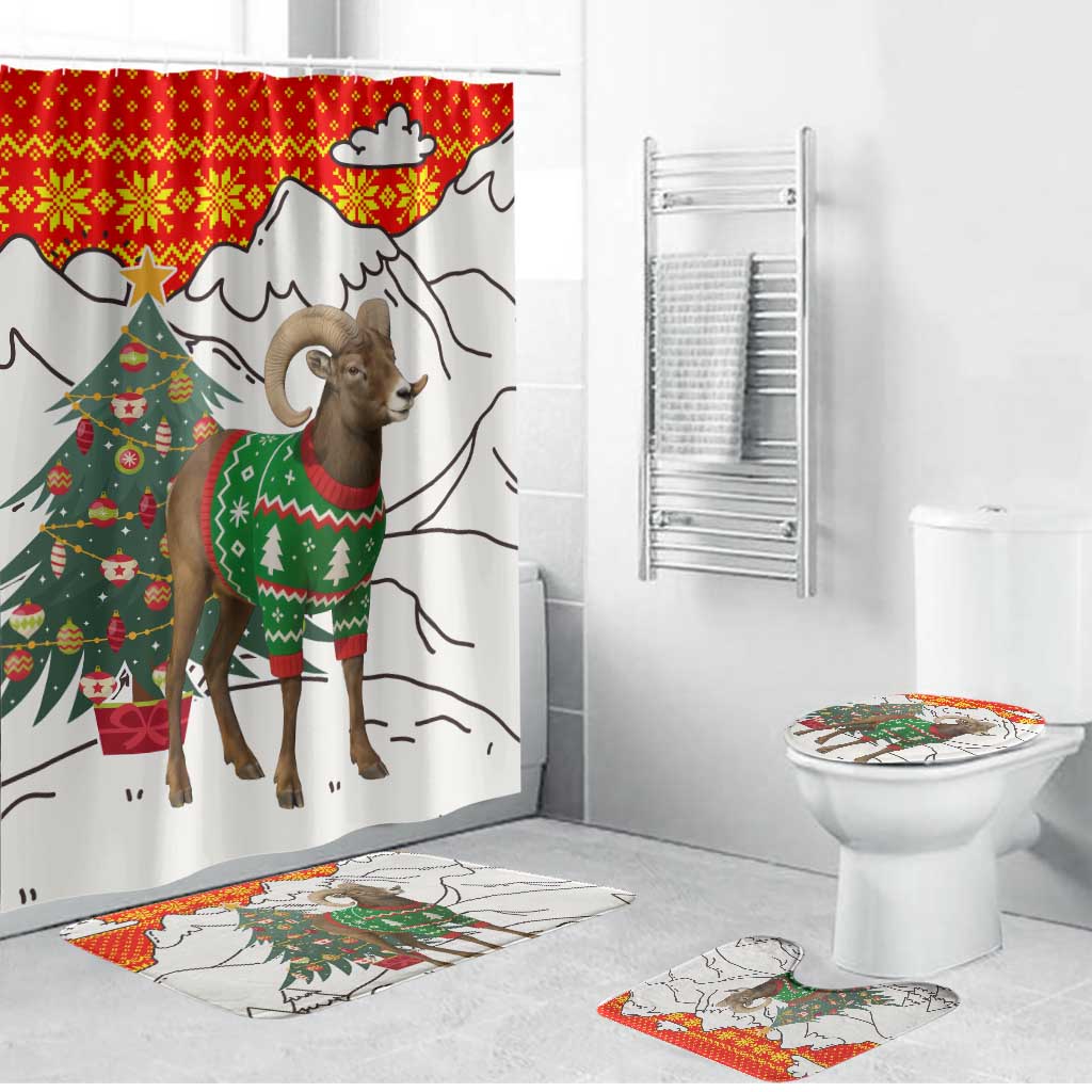 Kyrgyzstan Christmas Bathroom Set with Mountain Goat in Festive Red Snowflake Pattern and Holiday Tree - Wonder Print Shop