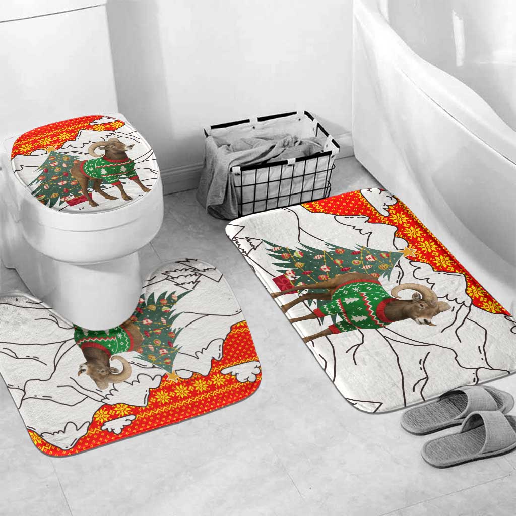 Kyrgyzstan Christmas Bathroom Set with Mountain Goat in Festive Red Snowflake Pattern and Holiday Tree - Wonder Print Shop