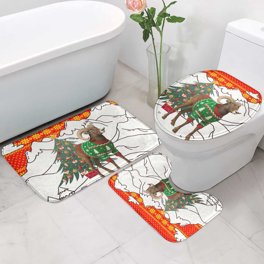 Kyrgyzstan Christmas Bathroom Set with Mountain Goat in Festive Red Snowflake Pattern and Holiday Tree - Wonder Print Shop