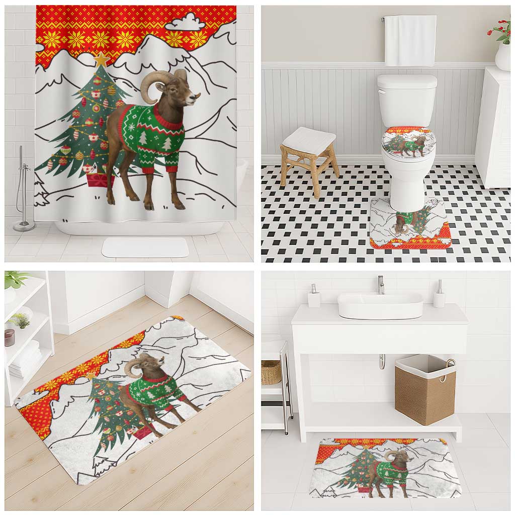 Kyrgyzstan Christmas Bathroom Set with Mountain Goat in Festive Red Snowflake Pattern and Holiday Tree - Wonder Print Shop
