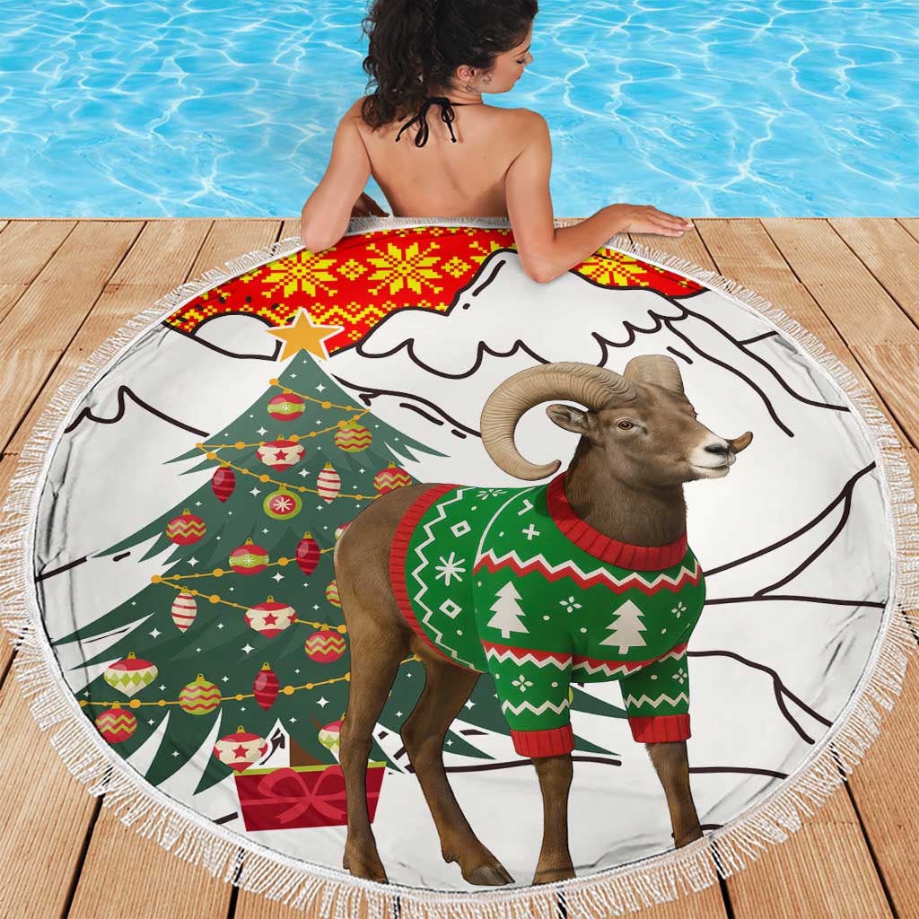 Kyrgyzstan Christmas Beach Blanket with Mountain Goat in Festive Red Snowflake Pattern and Holiday Tree - Wonder Print Shop