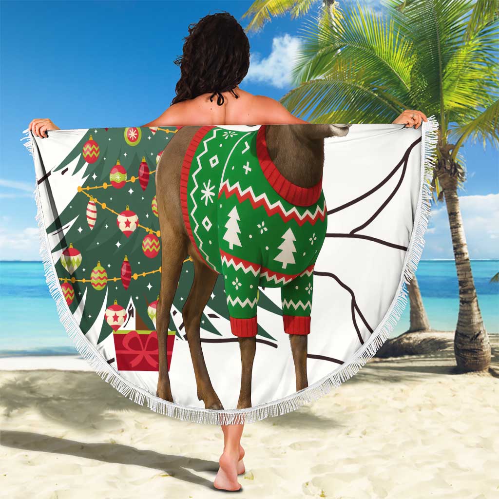 Kyrgyzstan Christmas Beach Blanket with Mountain Goat in Festive Red Snowflake Pattern and Holiday Tree - Wonder Print Shop