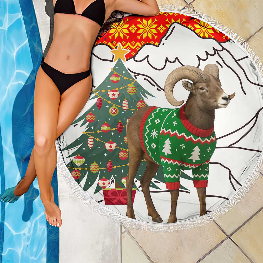 Kyrgyzstan Christmas Beach Blanket with Mountain Goat in Festive Red Snowflake Pattern and Holiday Tree - Wonder Print Shop