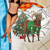 Kyrgyzstan Christmas Beach Blanket with Mountain Goat in Festive Red Snowflake Pattern and Holiday Tree - Wonder Print Shop
