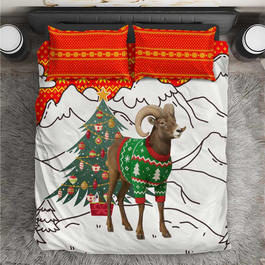 Kyrgyzstan Christmas Bedding Set with Mountain Goat in Festive Red Snowflake Pattern and Holiday Tree - Wonder Print Shop