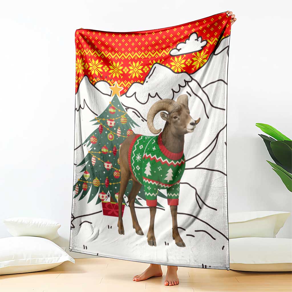 Kyrgyzstan Christmas Blanket with Mountain Goat in Festive Red Snowflake Pattern and Holiday Tree - Wonder Print Shop