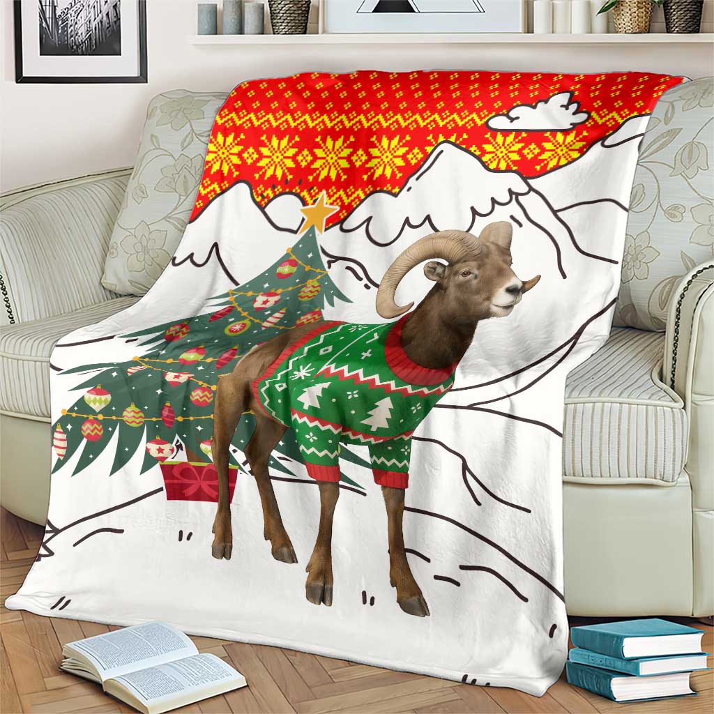 Kyrgyzstan Christmas Blanket with Mountain Goat in Festive Red Snowflake Pattern and Holiday Tree - Wonder Print Shop
