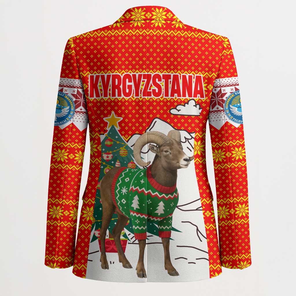 Kyrgyzstan Christmas Blazer with Mountain Goat in Festive Red Snowflake Pattern and Holiday Tree - Wonder Print Shop