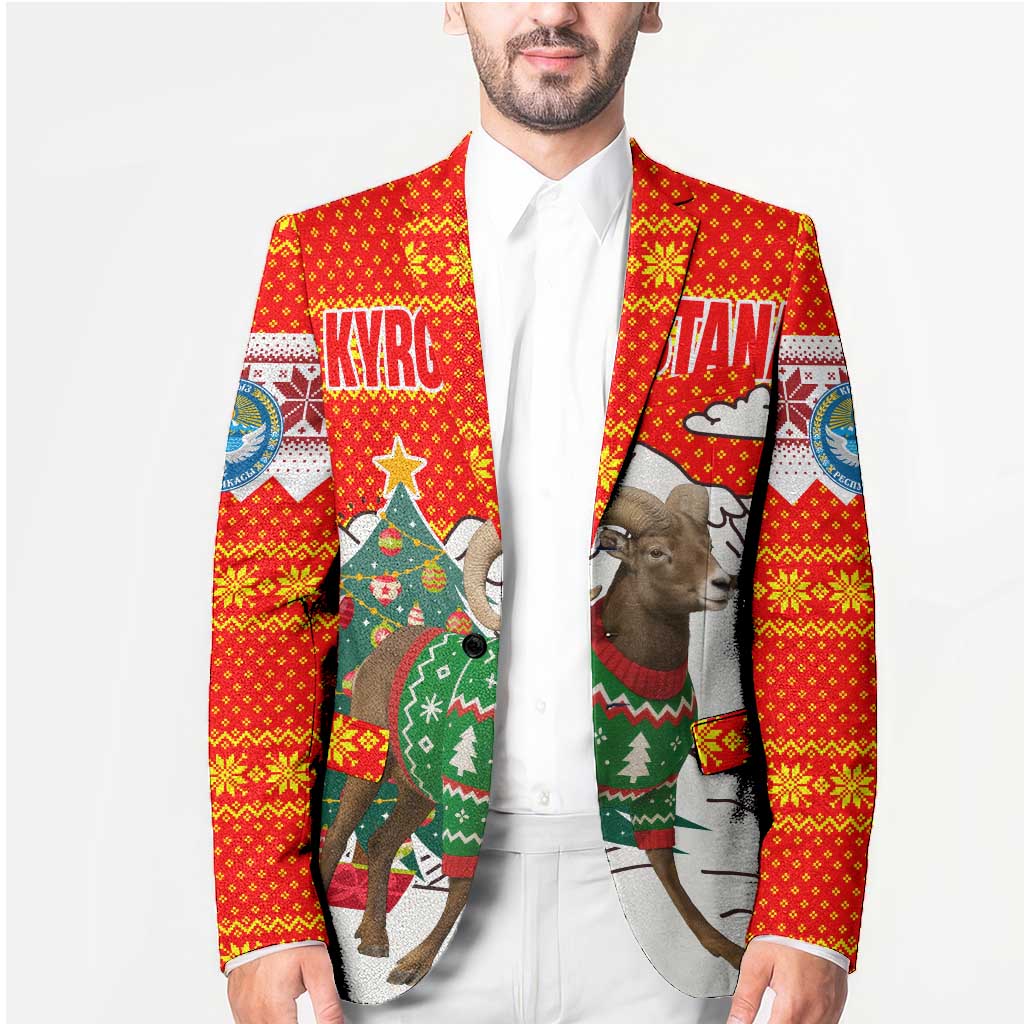 Kyrgyzstan Christmas Blazer with Mountain Goat in Festive Red Snowflake Pattern and Holiday Tree - Wonder Print Shop