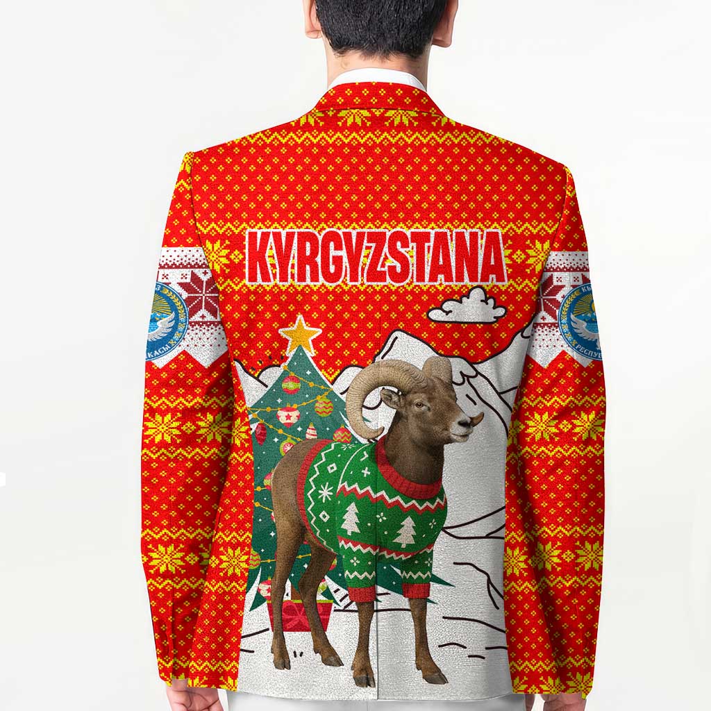 Kyrgyzstan Christmas Blazer with Mountain Goat in Festive Red Snowflake Pattern and Holiday Tree - Wonder Print Shop