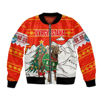 Kyrgyzstan Christmas Bomber Jacket with Mountain Goat in Festive Red Snowflake Pattern and Holiday Tree - Wonder Print Shop