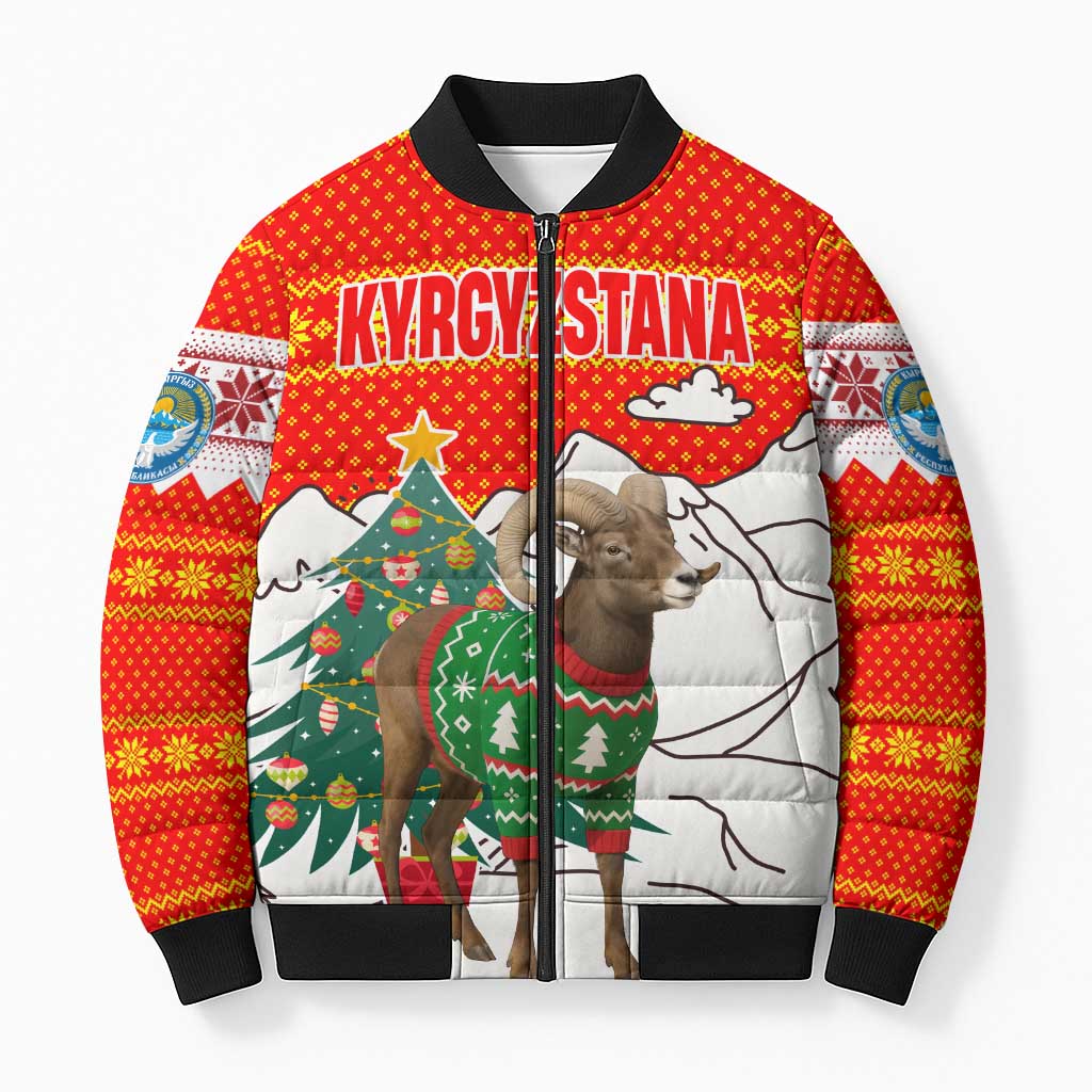 Kyrgyzstan Christmas Bomber Puffer Jacket with Mountain Goat in Festive Red Snowflake Pattern and Holiday Tree - Wonder Print Shop