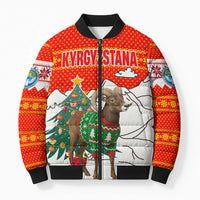 Kyrgyzstan Christmas Bomber Puffer Jacket with Mountain Goat in Festive Red Snowflake Pattern and Holiday Tree - Wonder Print Shop