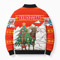 Kyrgyzstan Christmas Bomber Puffer Jacket with Mountain Goat in Festive Red Snowflake Pattern and Holiday Tree - Wonder Print Shop
