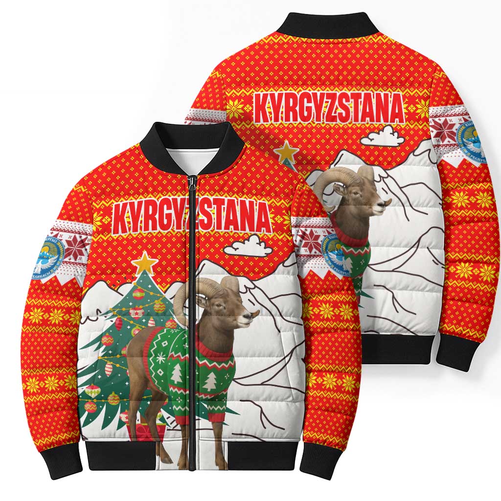 Kyrgyzstan Christmas Bomber Puffer Jacket with Mountain Goat in Festive Red Snowflake Pattern and Holiday Tree - Wonder Print Shop