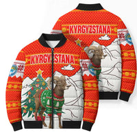 Kyrgyzstan Christmas Bomber Puffer Jacket with Mountain Goat in Festive Red Snowflake Pattern and Holiday Tree - Wonder Print Shop