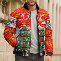 Kyrgyzstan Christmas Bomber Puffer Jacket with Mountain Goat in Festive Red Snowflake Pattern and Holiday Tree - Wonder Print Shop