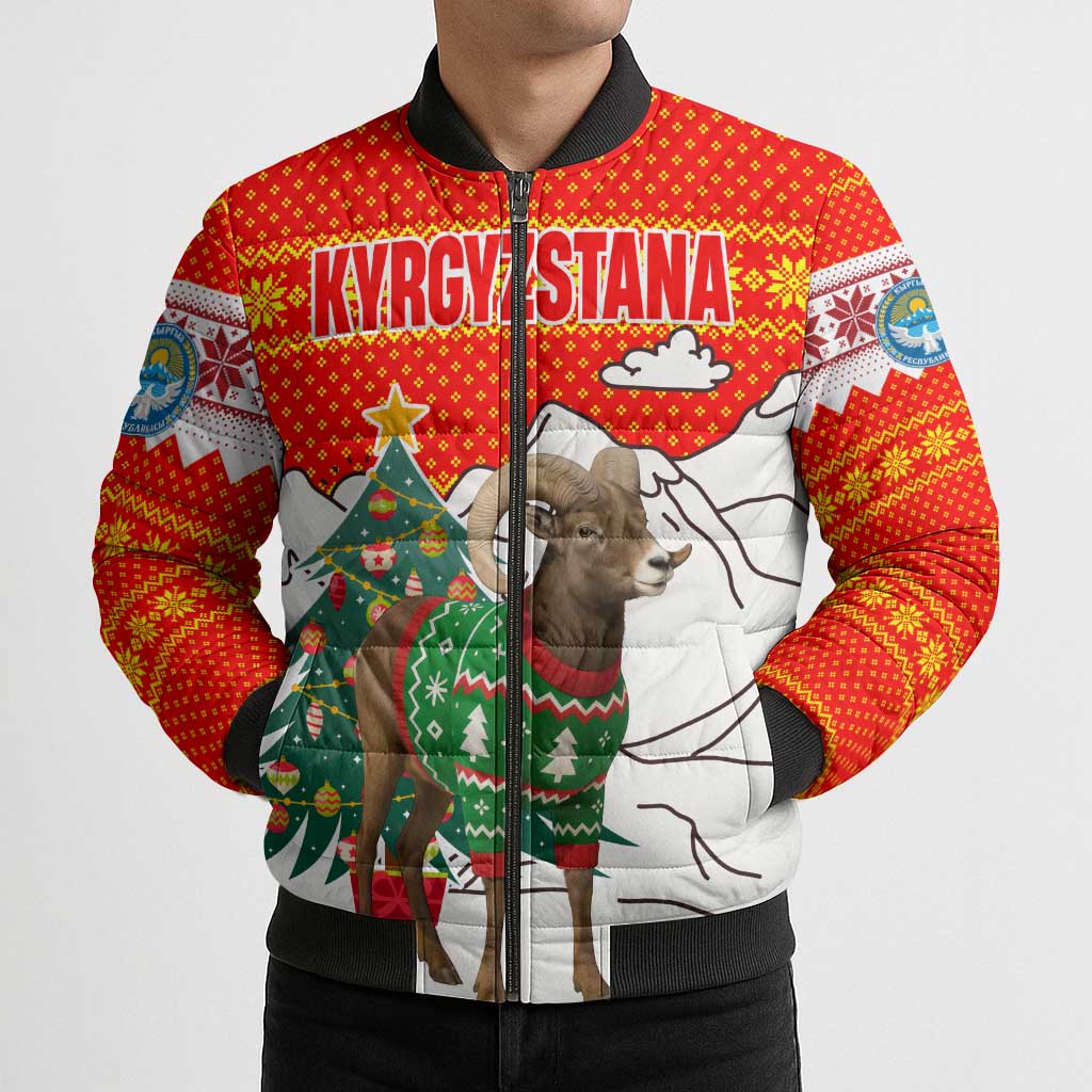 Kyrgyzstan Christmas Bomber Puffer Jacket with Mountain Goat in Festive Red Snowflake Pattern and Holiday Tree - Wonder Print Shop