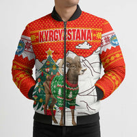 Kyrgyzstan Christmas Bomber Puffer Jacket with Mountain Goat in Festive Red Snowflake Pattern and Holiday Tree - Wonder Print Shop