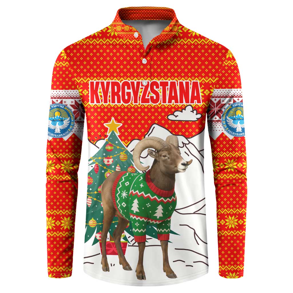 Kyrgyzstan Christmas Button Sweatshirt with Mountain Goat in Festive Red Snowflake Pattern and Holiday Tree - Wonder Print Shop