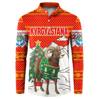 Kyrgyzstan Christmas Button Sweatshirt with Mountain Goat in Festive Red Snowflake Pattern and Holiday Tree - Wonder Print Shop
