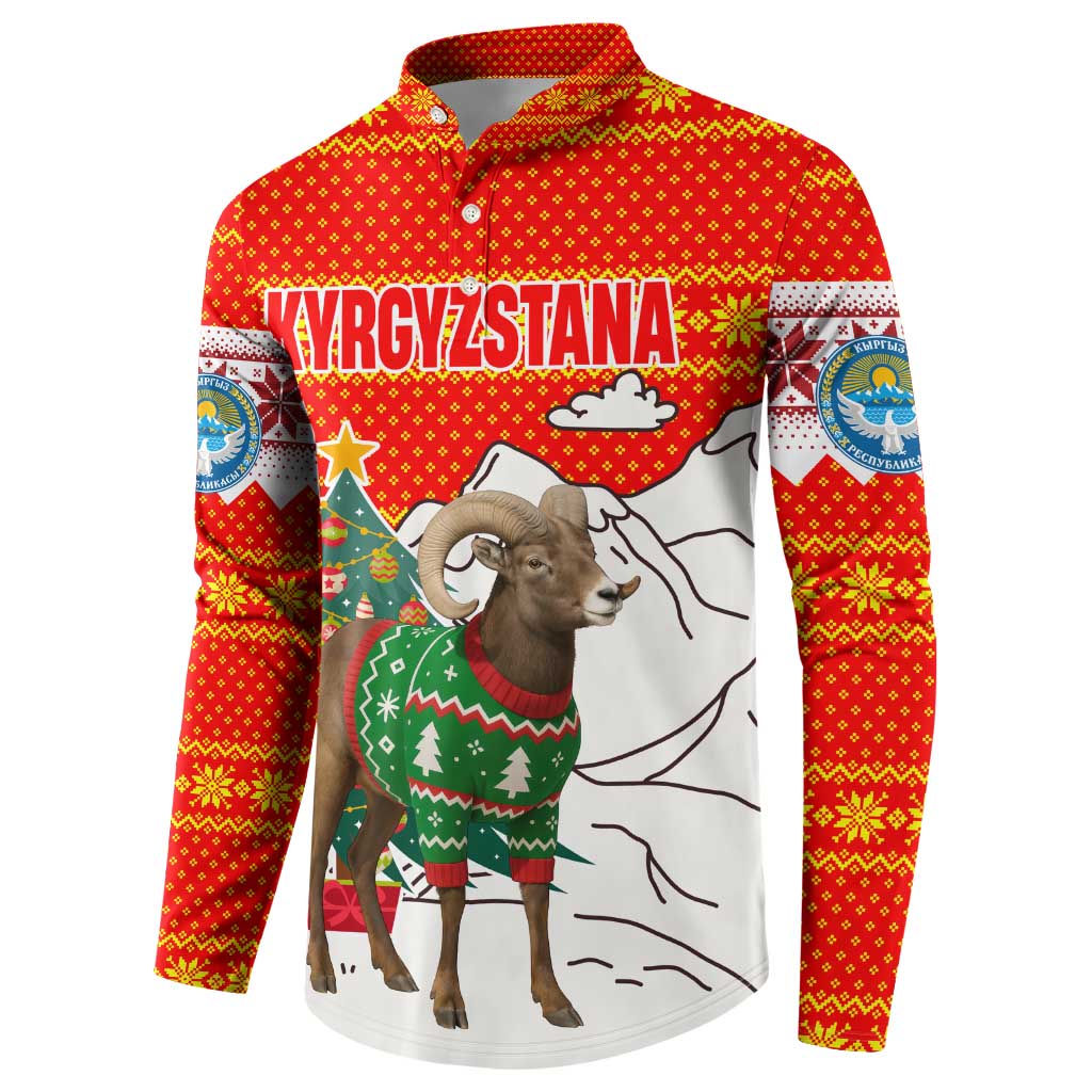 Kyrgyzstan Christmas Button Sweatshirt with Mountain Goat in Festive Red Snowflake Pattern and Holiday Tree - Wonder Print Shop