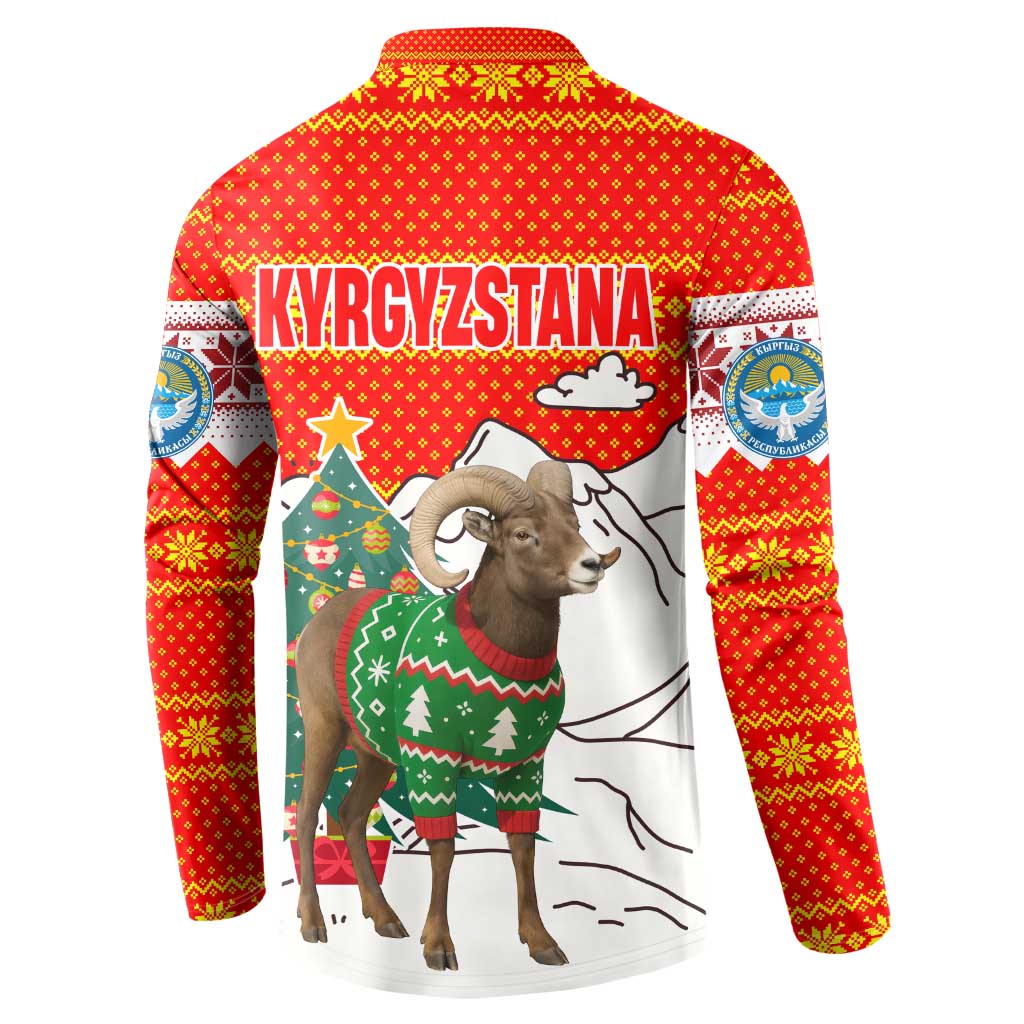Kyrgyzstan Christmas Button Sweatshirt with Mountain Goat in Festive Red Snowflake Pattern and Holiday Tree - Wonder Print Shop