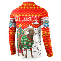 Kyrgyzstan Christmas Button Sweatshirt with Mountain Goat in Festive Red Snowflake Pattern and Holiday Tree - Wonder Print Shop