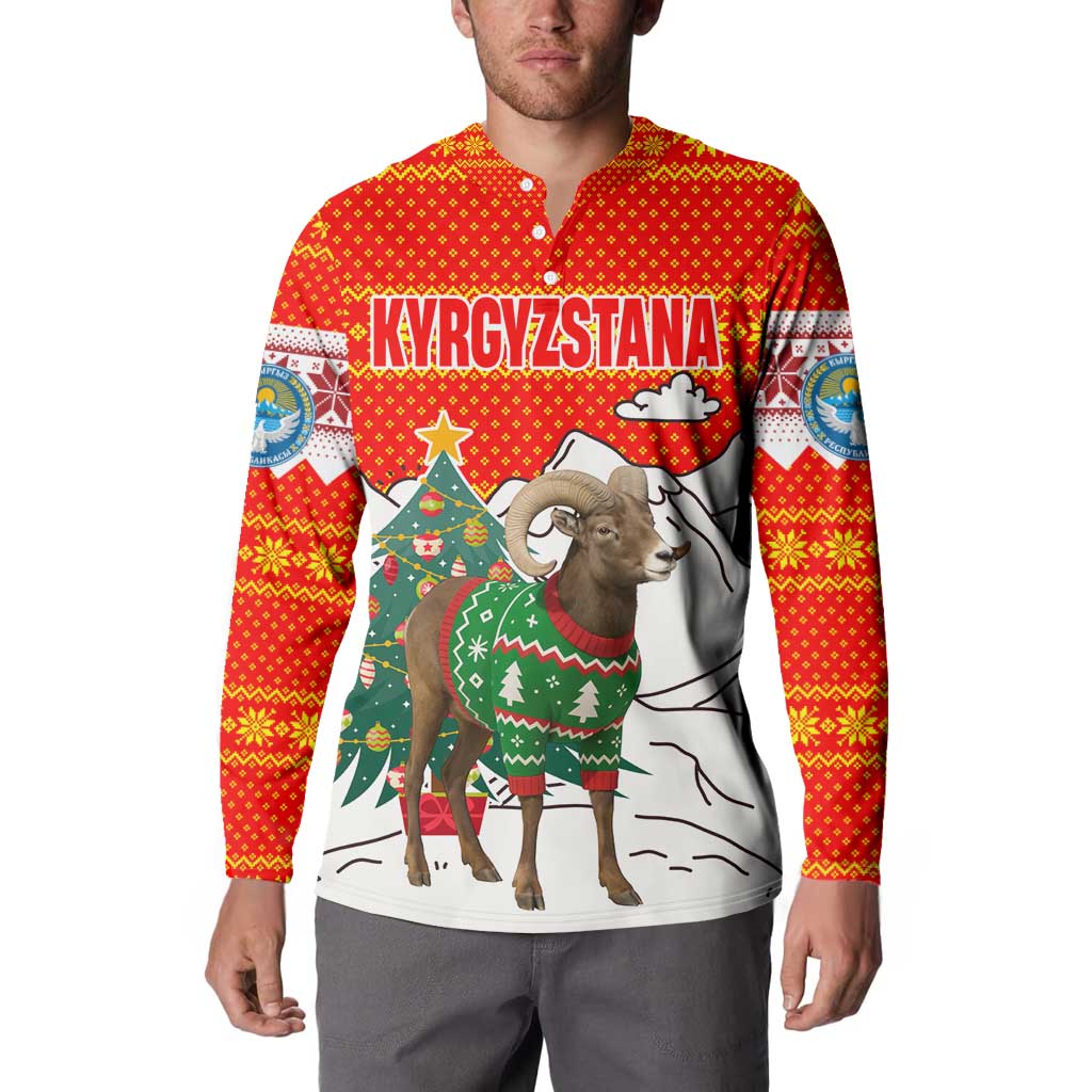 Kyrgyzstan Christmas Button Sweatshirt with Mountain Goat in Festive Red Snowflake Pattern and Holiday Tree - Wonder Print Shop