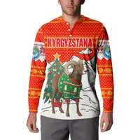 Kyrgyzstan Christmas Button Sweatshirt with Mountain Goat in Festive Red Snowflake Pattern and Holiday Tree - Wonder Print Shop