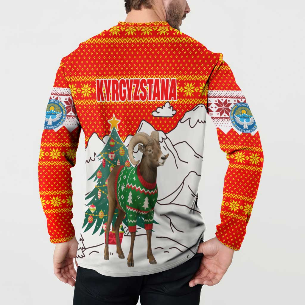 Kyrgyzstan Christmas Button Sweatshirt with Mountain Goat in Festive Red Snowflake Pattern and Holiday Tree - Wonder Print Shop