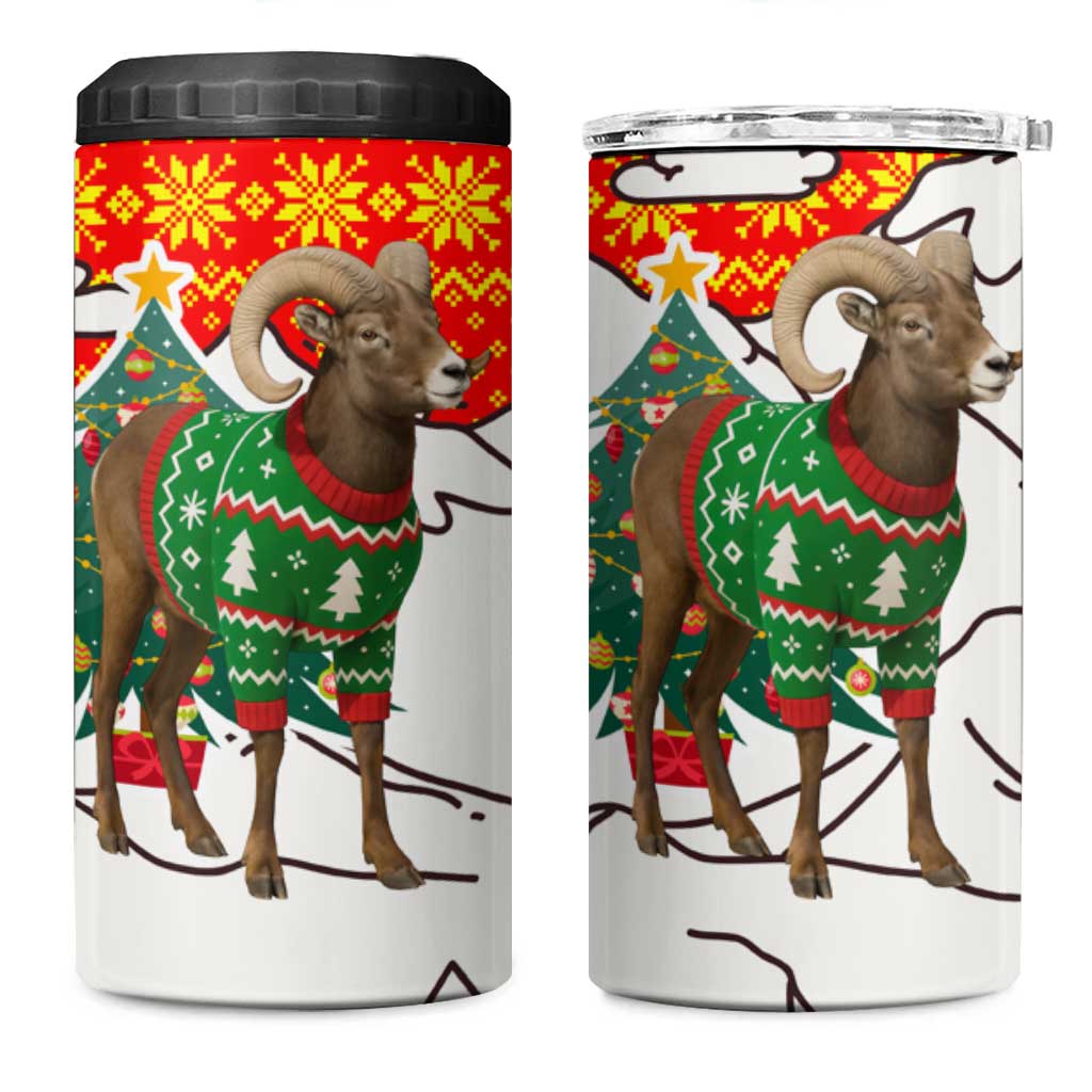 Kyrgyzstan Christmas 4 in 1 Can Cooler Tumbler with Mountain Goat in Festive Red Snowflake Pattern and Holiday Tree - Wonder Print Shop