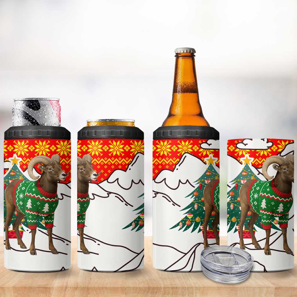 Kyrgyzstan Christmas 4 in 1 Can Cooler Tumbler with Mountain Goat in Festive Red Snowflake Pattern and Holiday Tree - Wonder Print Shop
