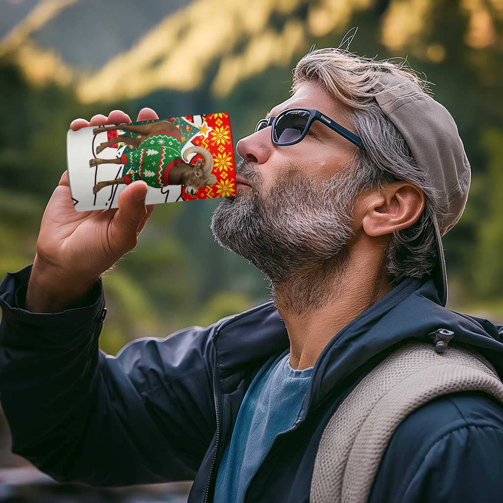 Kyrgyzstan Christmas 4 in 1 Can Cooler Tumbler with Mountain Goat in Festive Red Snowflake Pattern and Holiday Tree - Wonder Print Shop