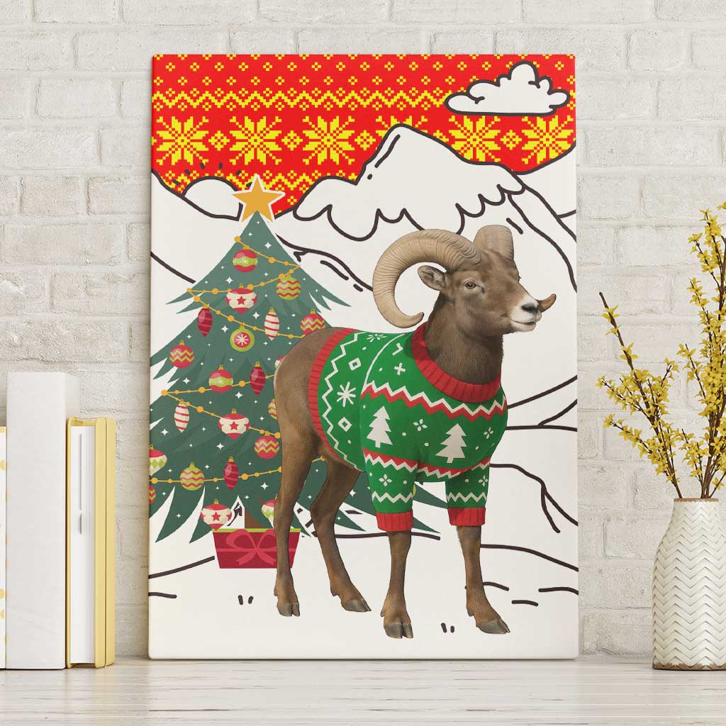 Kyrgyzstan Christmas Canvas Wall Art with Mountain Goat in Festive Red Snowflake Pattern and Holiday Tree - Wonder Print Shop